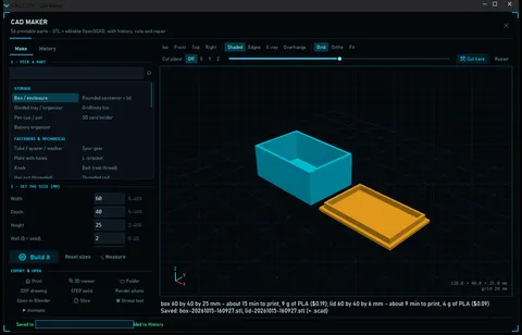 CAD maker: a box and lid ready to print (folder path blanked out)